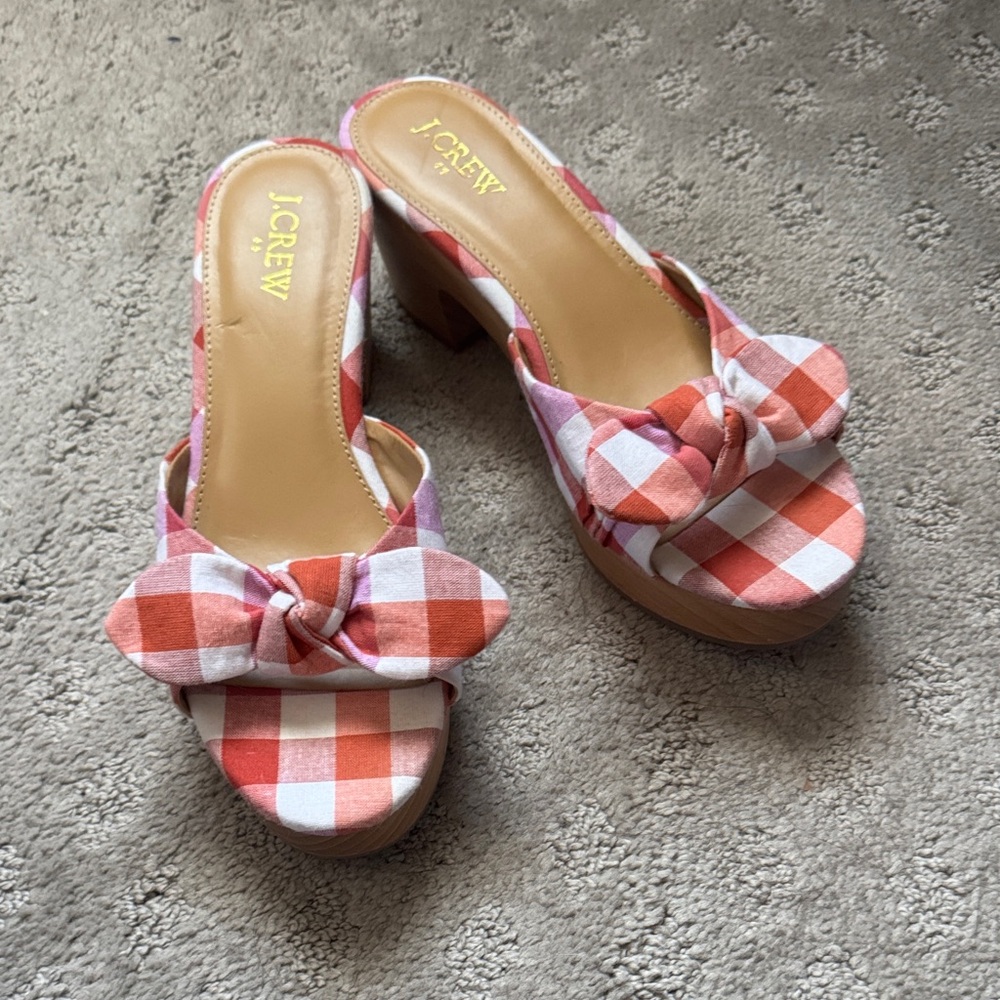 J. Crew Pink and Orange Gingham Knotted Platform Mules